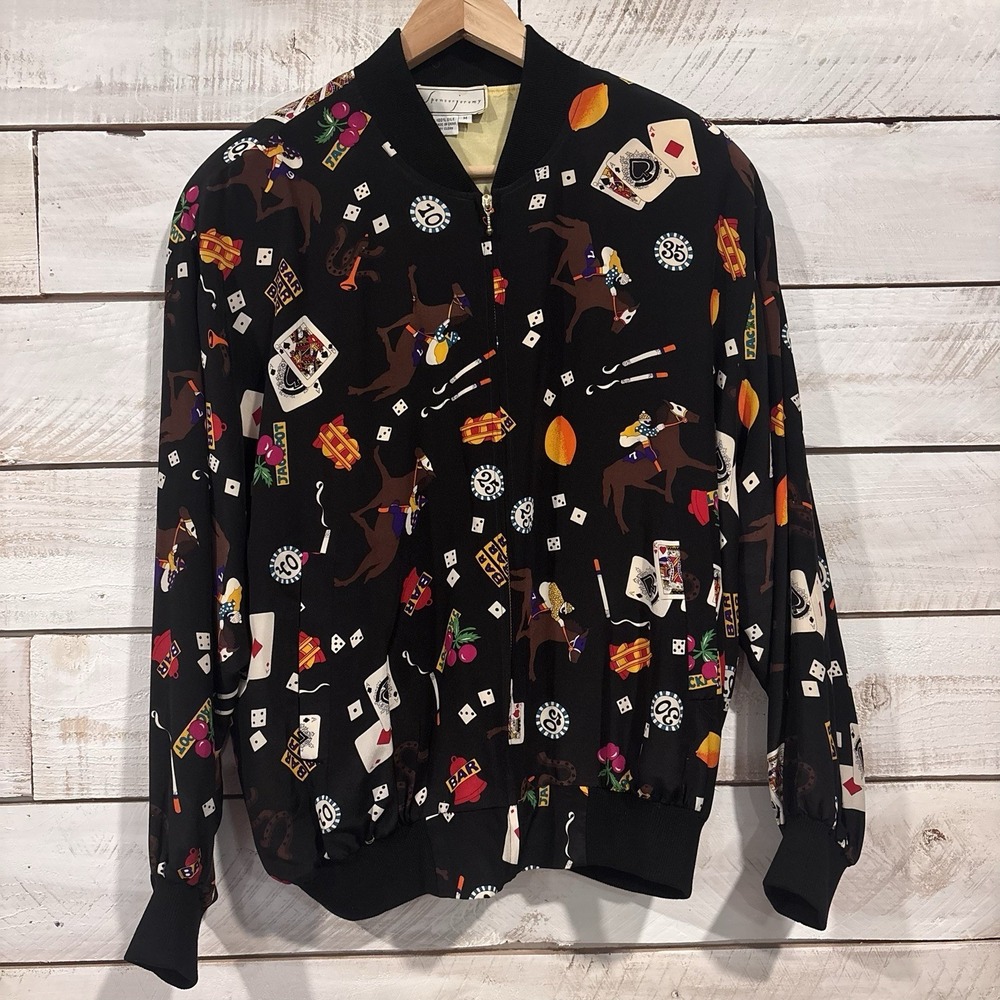 Vintage Silk Spencer Jeremy Bomber Jacket Gambling Casino Black Sz Med Women's